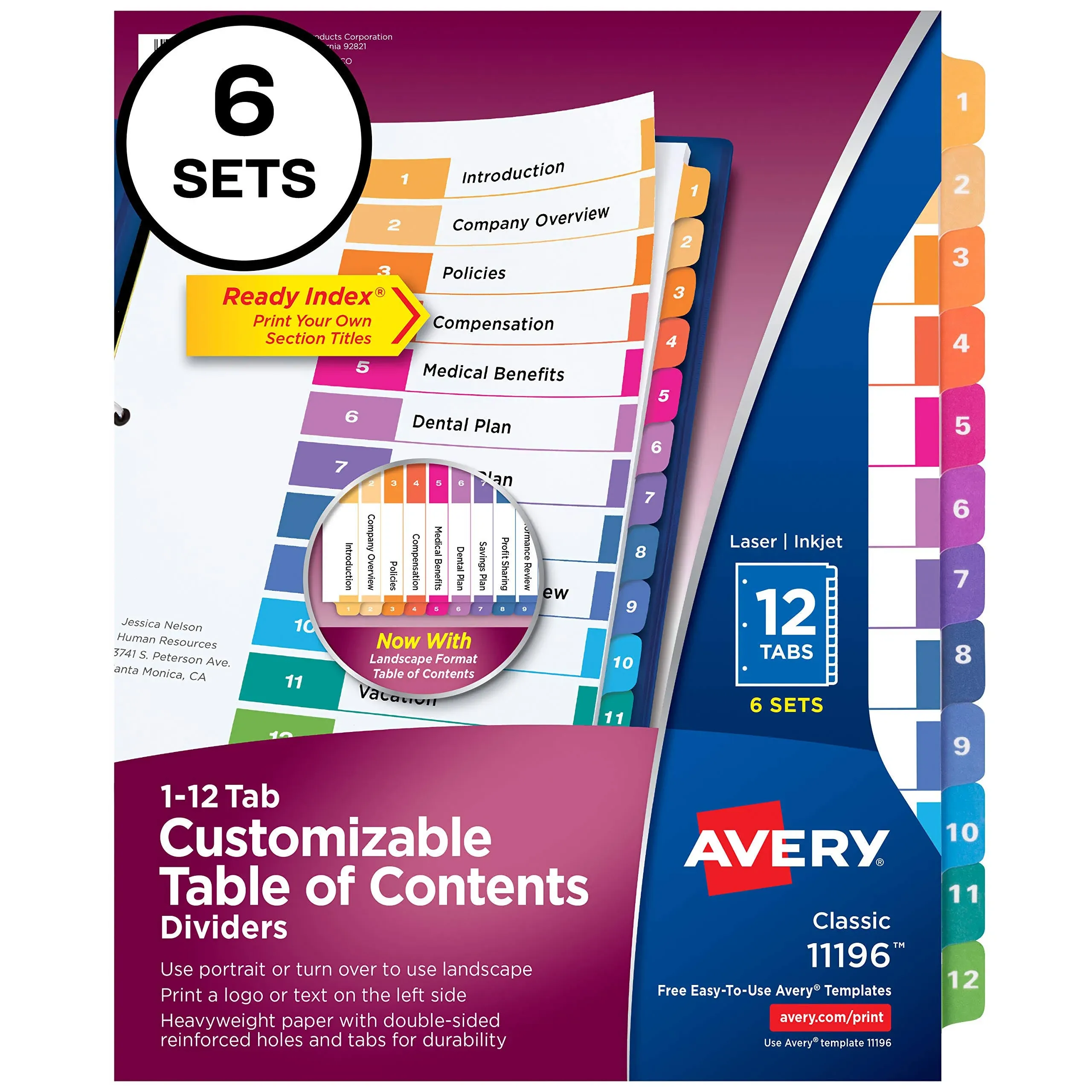 Avery Ready Index 12 Tab Dividers, Customizable Toc, 6 Sets (11196)