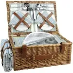 HappyPicnic Wicker Picnic Basket Set for 4 Persons - Large Willow Hamper with Large Insulated Cooler Compartment, Free Waterproof Blanket and Cutlery