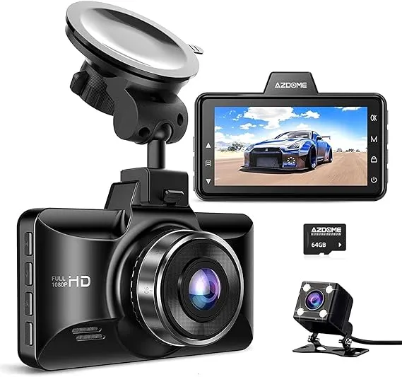 AZDOME Dual Dash Cam Front and Rear, 3 inch 2.5D IPS Screen Free 64GB Card Car Driving Recorder, 1080P FHD Dashboard Camera, Waterproof Backup Camera Night Vision, Park Monitor, G-Sensor, for Car Taxi