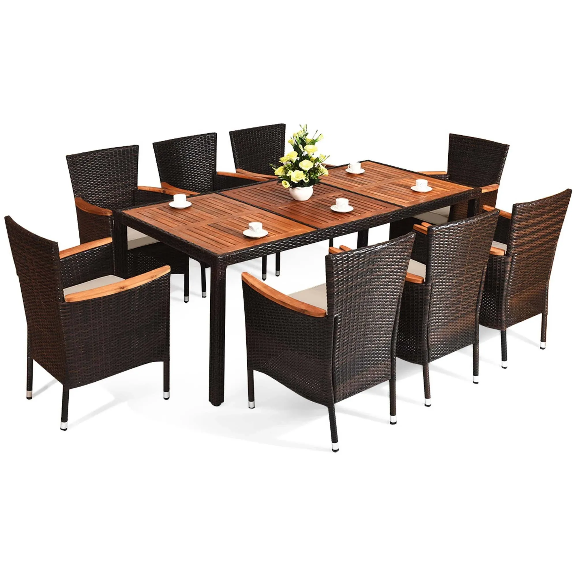 Patio 9PCS Wicker Dining Set Acacia Wood Table Top Umbrella Hole Cushions Chairs