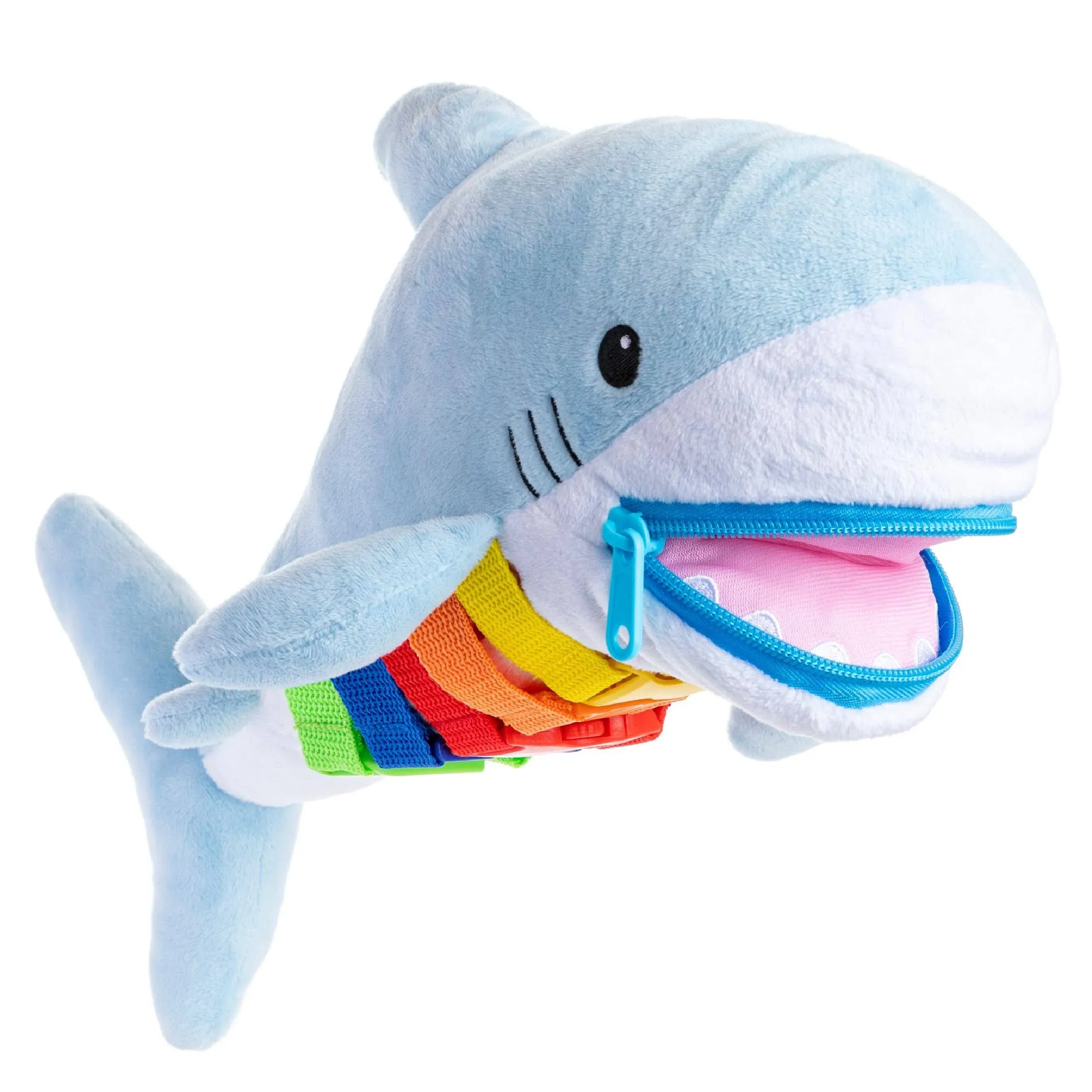 Buckle Toys - Bruce Shark Stuffed Animal - Montessori Learning Activity Travel Toy for Toddlers - Develop Motor Skills and Problem Solving