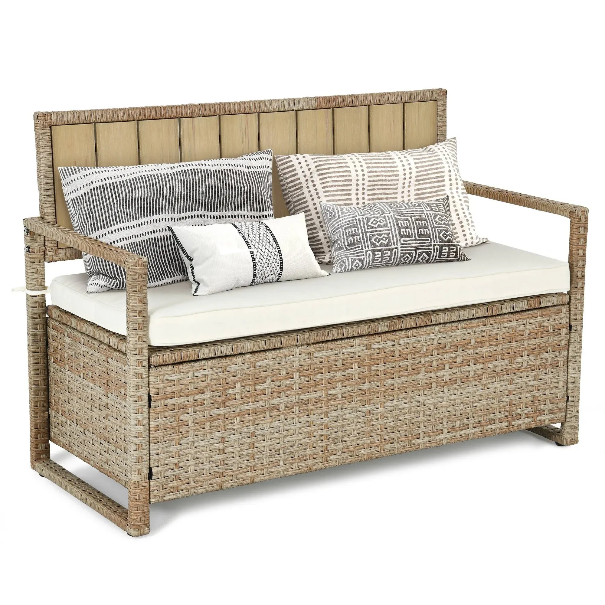 Moasis 70 Gallon Outdoor Storage Bench Weather-Resistant Woven Rattan Deck Box with Loveseat and Cushions - Beige