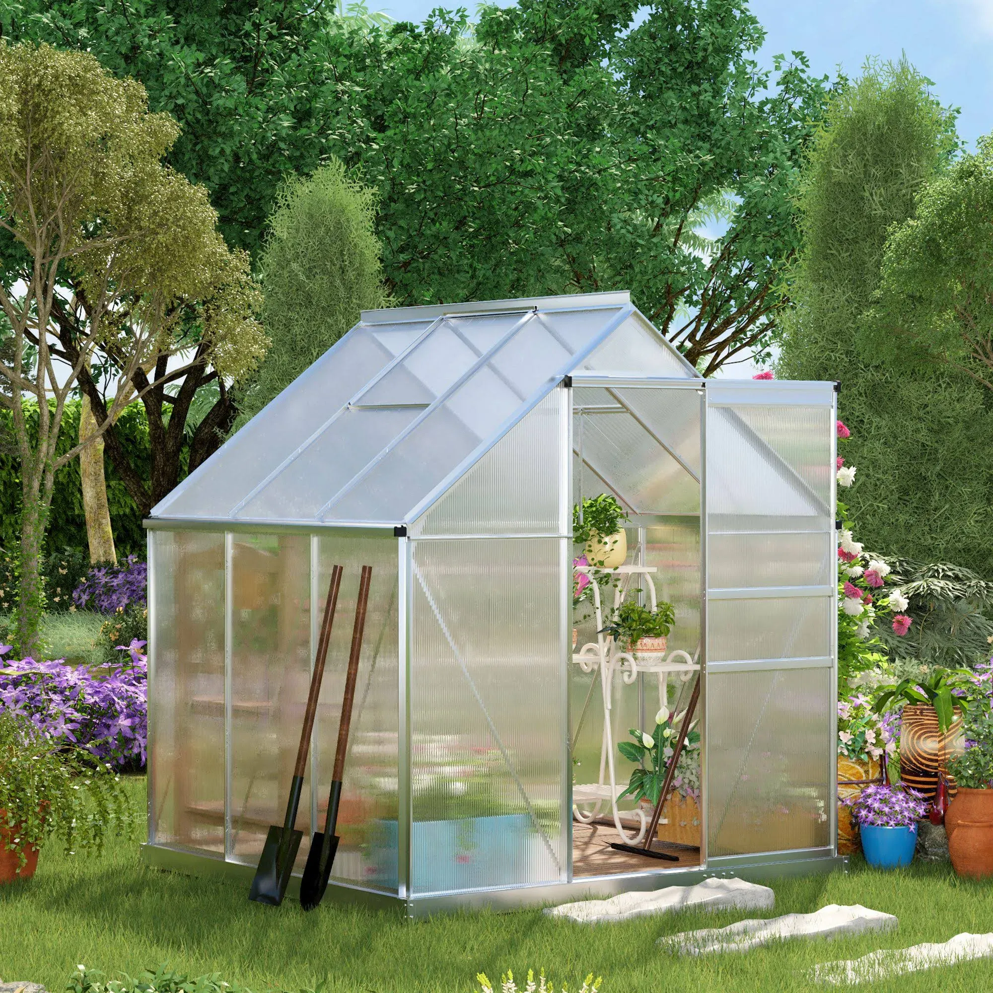 8' x 4' x 7' Hobby Greenhouse, Walk-in Lean-To Polycarbonate Hot House Kit with Aluminum Frame, Sliding Door, Roof Vent, Green