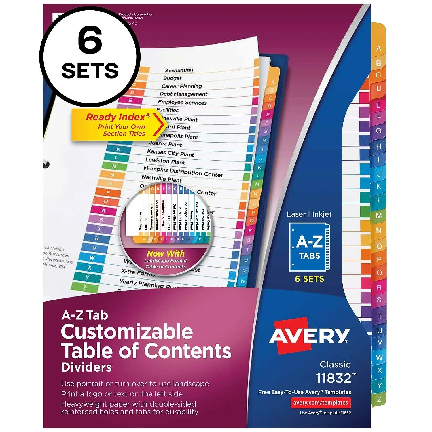 Avery Customizable Table of Contents Ready Index Multicolor Dividers 26-Tab A to Z 11 x 8.5 6 Sets