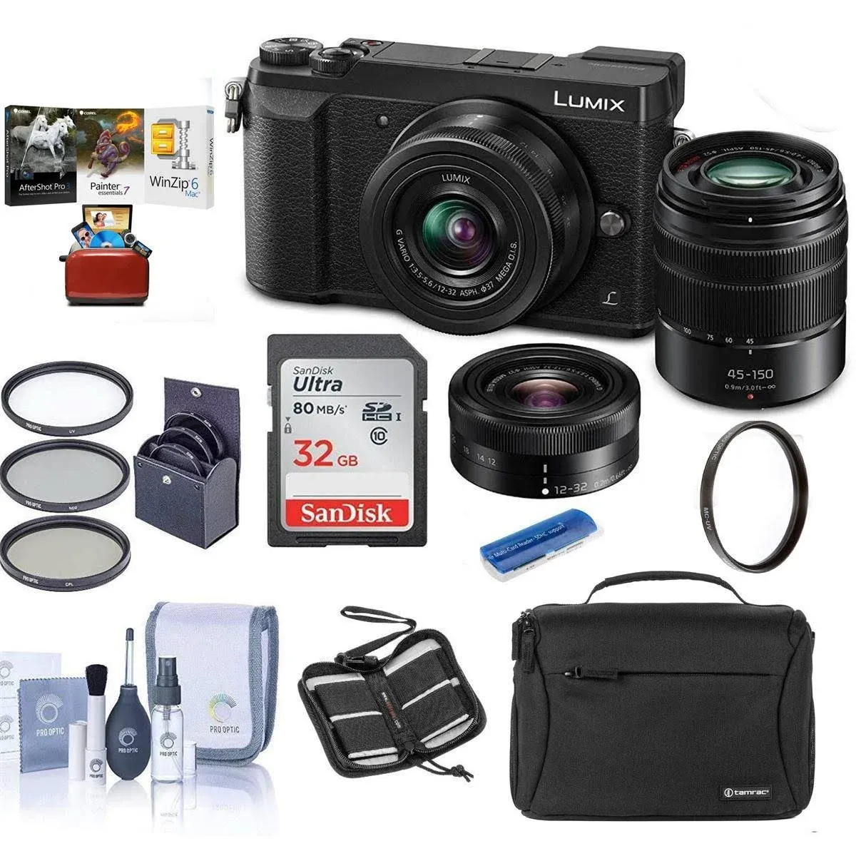 Panasonic Lumix DMC-GX85 Mirrorless Camera Black with Lumix G Vario 12-32mm f/3.5-5.6 & 45-150mm F4.0-5.6 Lenses - Bundle with Camera Case, 32GB SDHC Card, 52mm Filter Kit, Mac Software, and More