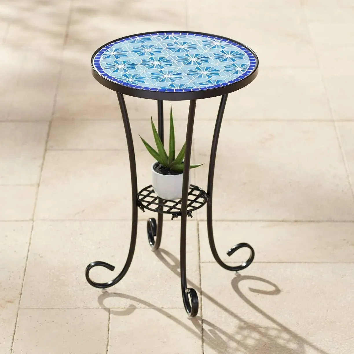 Zaltana Modern Black Metal Round Outdoor Accent Side Table 14" Wide Free-form Mosaic Tile Tabletop G