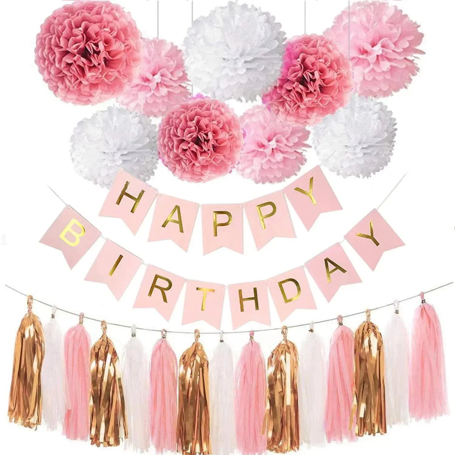 Pink Gold Birthday Party Decorations Set, Pink Gold Glittery Happy Birthday ...