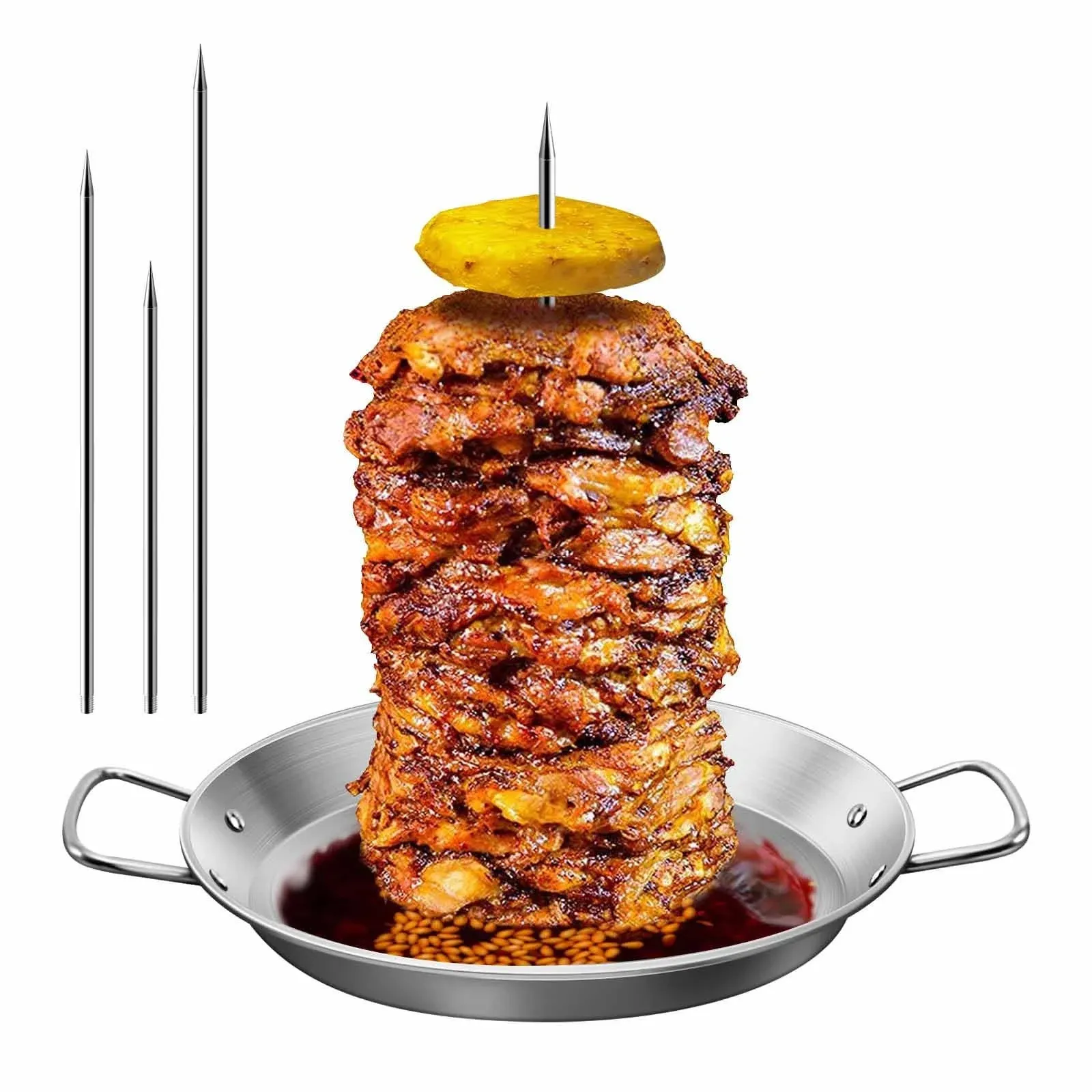 Al Pastor Skewer for Grill, Shawarma Skewer Stand, Stainless Steel Vertical Skewer, Brazilian Vertical Spit with 3 Removable Spikes(8”/10"/12”)& Brushes, for Tacos Al Pastor, Grill Smoker Oven BBQ