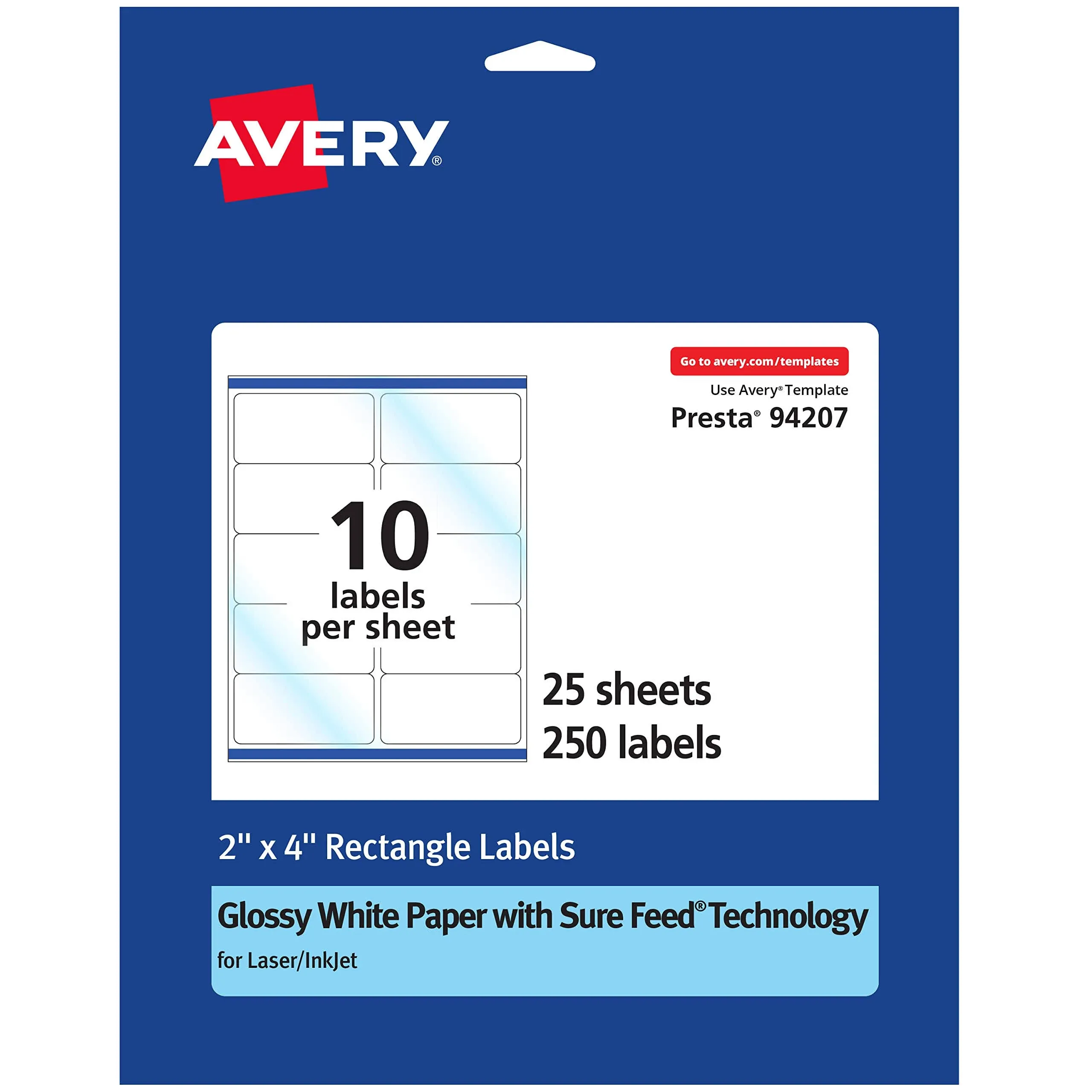 Avery Rectangle Labels with Sure Feed, 2" x 4", 250 Glossy White Labels (36467)