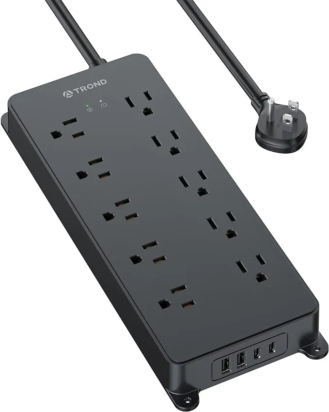 TROND Power Strip Surge Protector, 4000J, ETL Listed, 10 Widely Spaced Outlets with 4 USB Ports (2 USB C), Flat Plug 5ft Extension Cord, Wall Mountable, 14AWG Heavy Duty, for Home Office Garage, Black