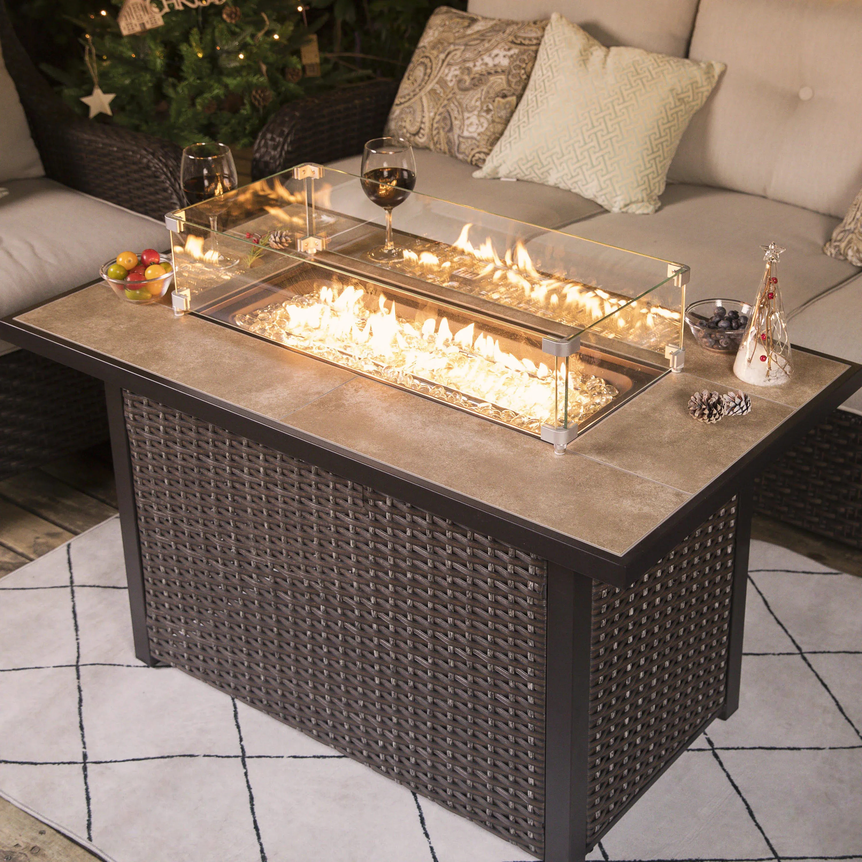 Nuu Garden 43 in. 50,000 BTU Brown Rectangle Wicker Outdoor Propane GAS Fire Pit Table with Glass Fire Pit Wind Guard