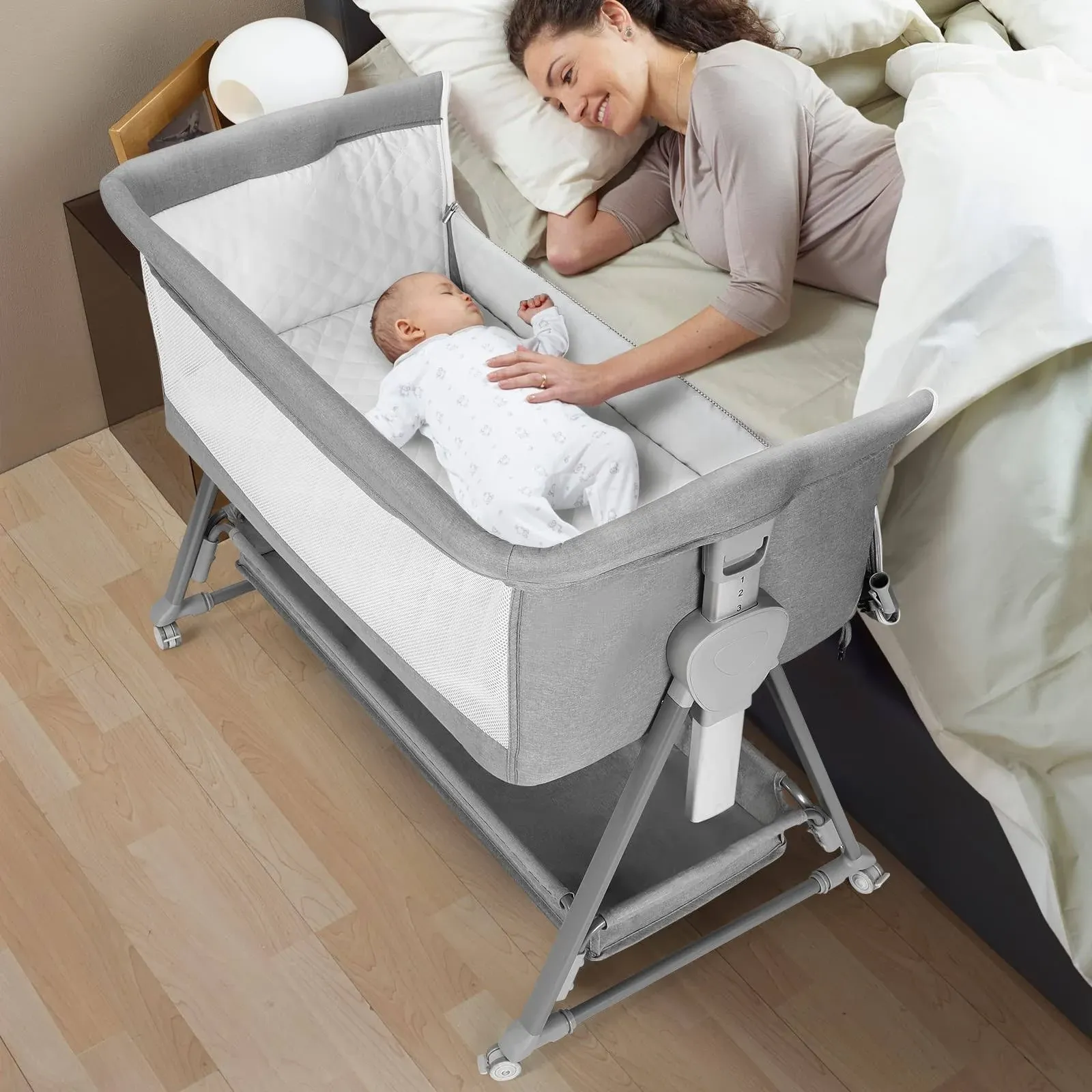  Baby Bassinet, Beside Sleeper for Baby Easy Folding Bedside Light Heather Ash