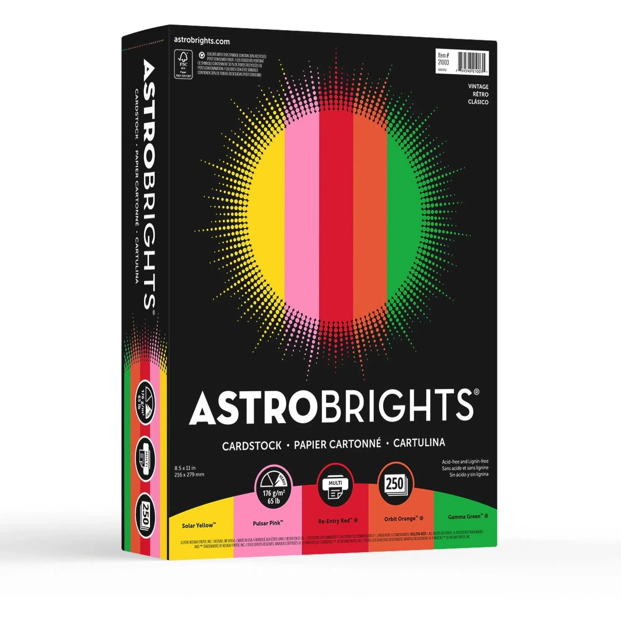 Astrobrights Color Cardstock -Vintage Assortment, 65lb, 8.5 x 11, Assorted, 250/Pack