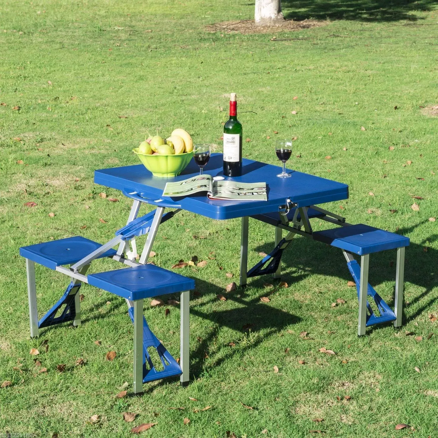 Outsunny Folding Picnic Table with Seats and Umbrella Hole, Portable Camping Chairs Set, 4-Seat, Aluminum Frame, Blue