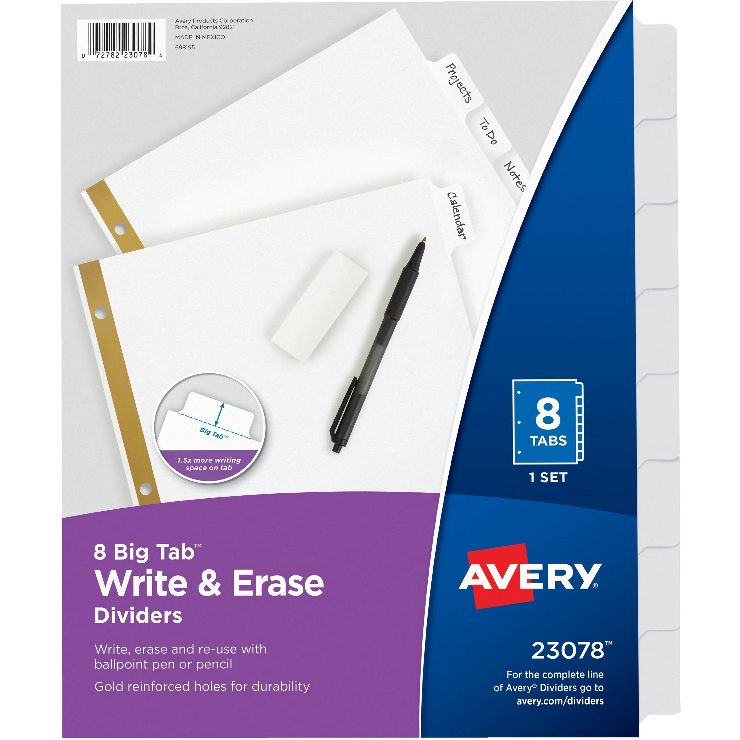 Avery 23078 8-Pack Big Tab Write-on Dividers With Erasable Tabs Lot of 3