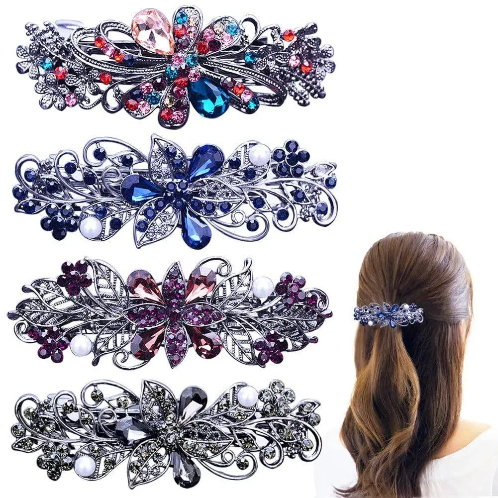 4 PCS Hair Barrettes for Women Ladies Flower Crystal Rhinestones Barrettes Pe...