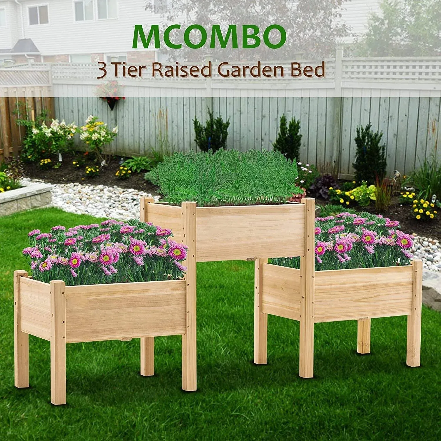 Mcombo Raised Garden Bed, 3 Tier Outdoor Wood Elevated Planter Box Kit, Raised ...