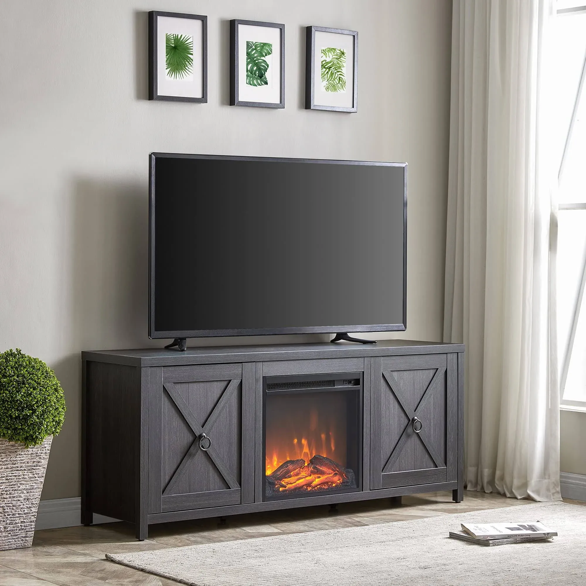 Granger Rectangular TV Stand with Log Fireplace for TV\'s up to 65" in Charcoal Gray