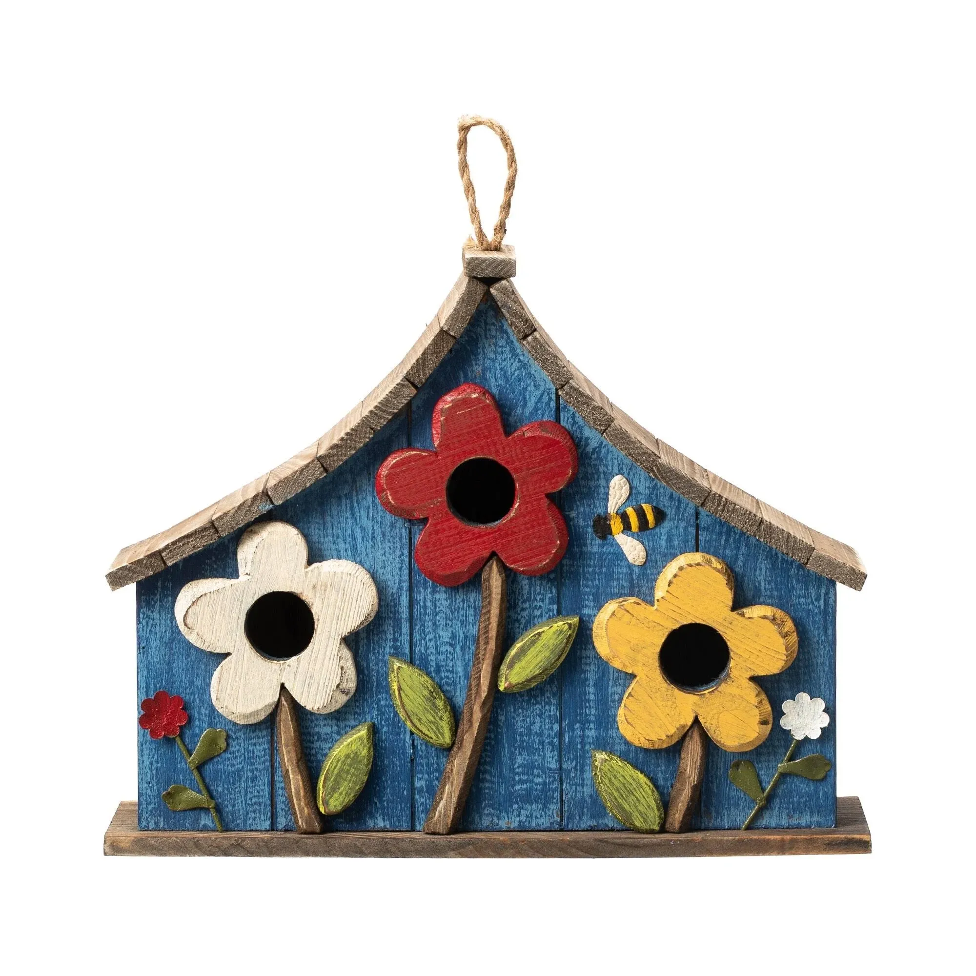 Glitzhome Oversized Washed Distressed Solid Wood Three-Story Villa Decorative Outdoor Garden with 3D Flowers Birdhouse, Blue