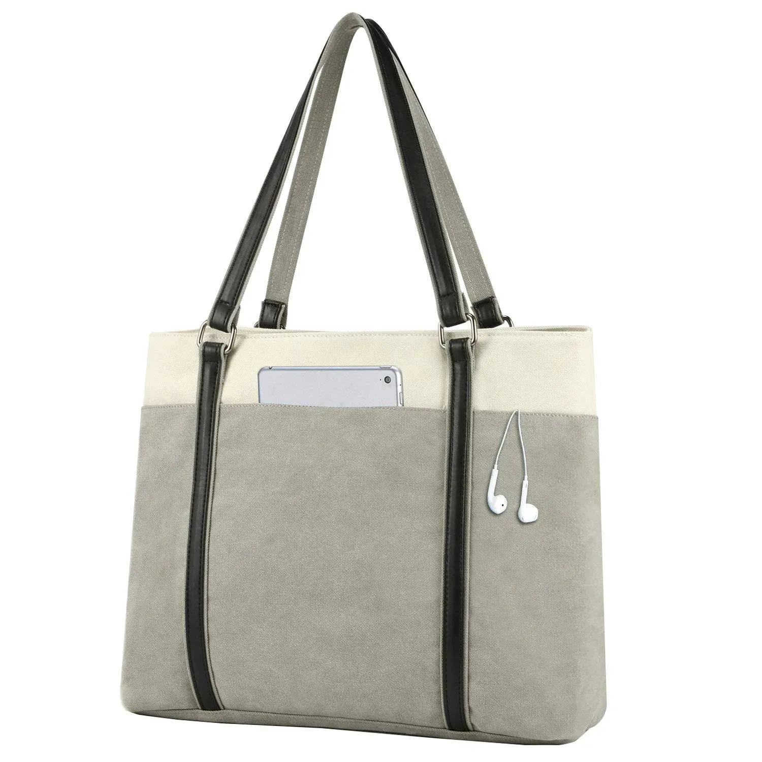 Retro Colorblock Canvas Tote Bag, Large Capacity Shoulder Bag, Casual Multi Pockets Handbag