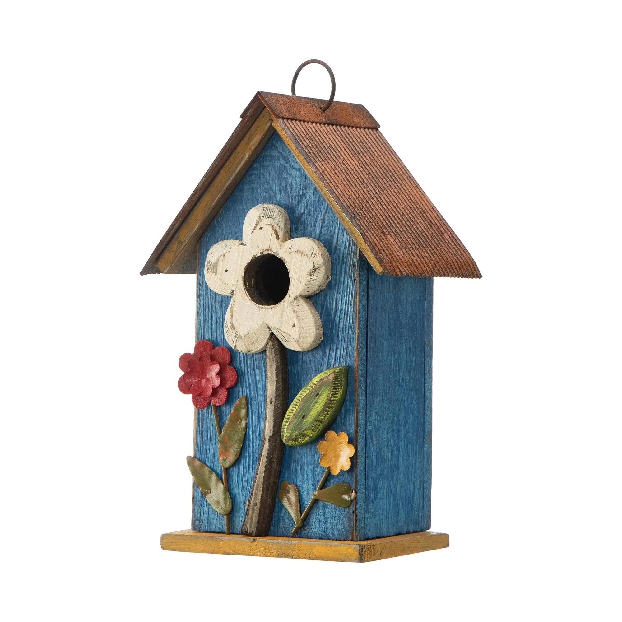 Blue Distressed Flower Wood &amp; Metal Birdhouse