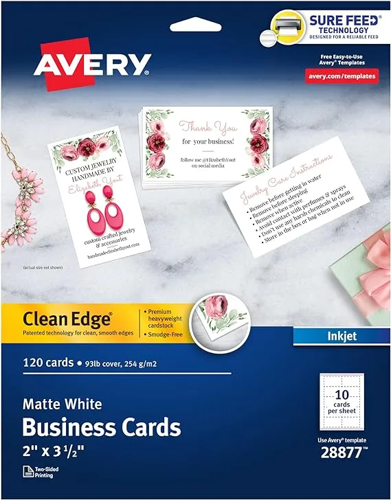 AVERY Two-Side Printable Clean Edge Business Cards for Inkjet Printers, White, Matte, Pack of 120