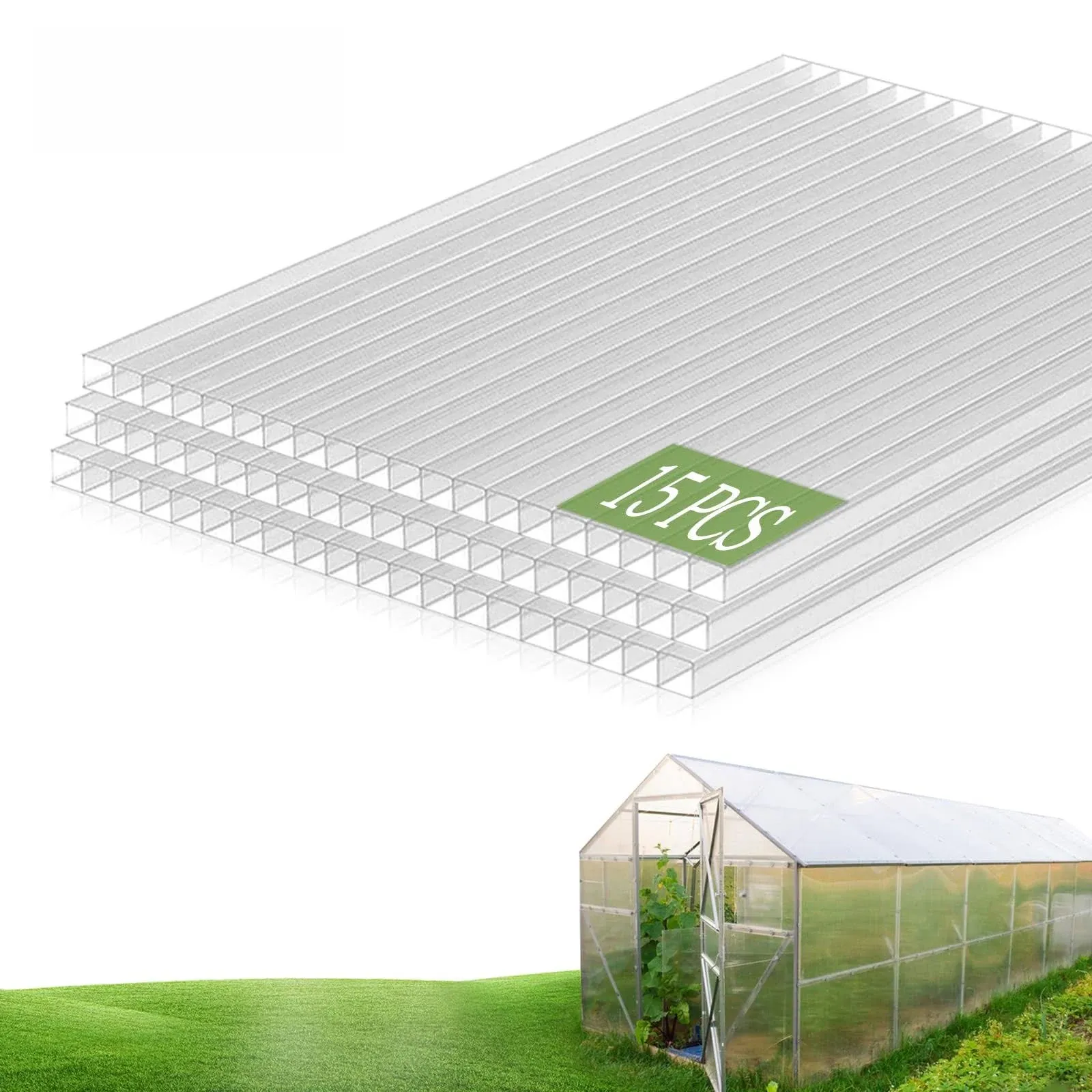 Teabelle 15pcs Polycarbonate Clear Greenhouse Panels, 4'×2'×0.16'' Waterproof UV-Proof Transparent Sheet, Double-Layer Insulation Corrugated Board Top Plate for Greenhouse Outdoor Plant