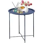 Garden 4 You Folding Tray Metal Side Table Blue Round End Table Cyan Sofa Small Accent Fold-able Table, Round End Table Tray, Next to Sofa Table,