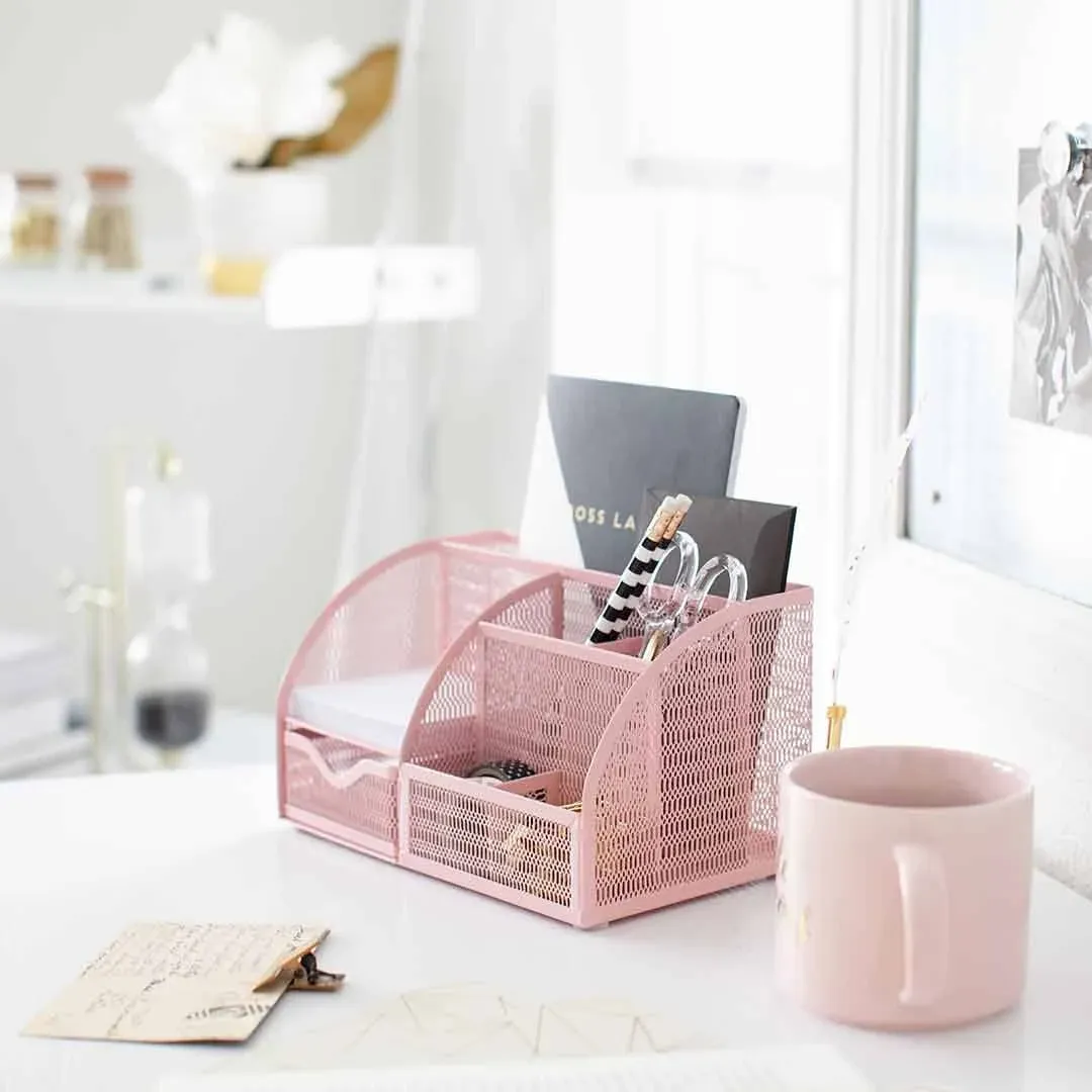 Blu Monaco Unique Metal Pink Desk Organizer with Drawer