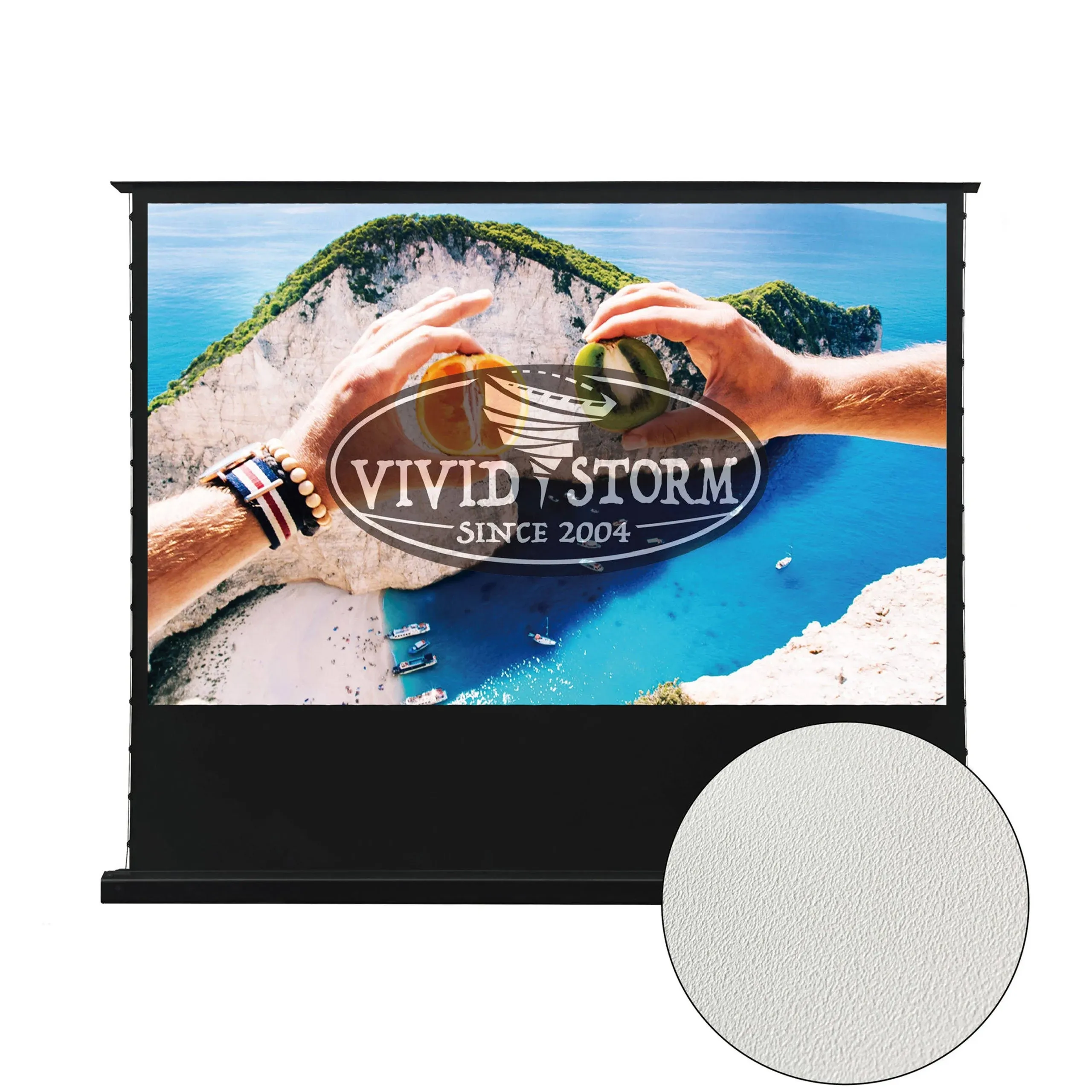 VIVIDSTORM S White Cinema Motorized Tension Floor Rising Projector Screen 100inch / White / Normal Black Border Design