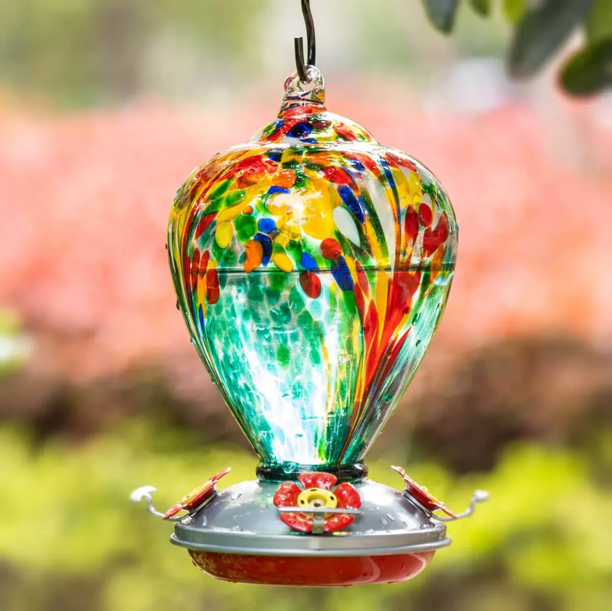 Muse Garden Hummingbird Feeders for Outdoors Hanging, Blown Glass Hummingbird Feeder, Hummingbird Gifts for Mom, Garden Decor for Outside, Unique Gifts Idea for Women, 34 Ounces, Turquoise Fireworks