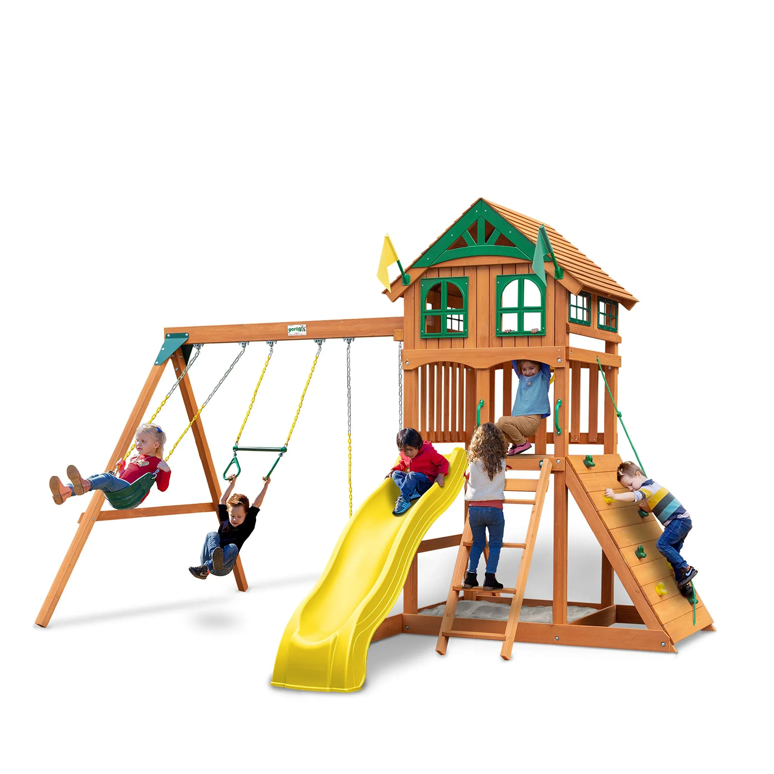 Gorilla Playsets 01-1063-Y Outing Wood Swing Set with Wood Roof & Yellow Slide, Amber