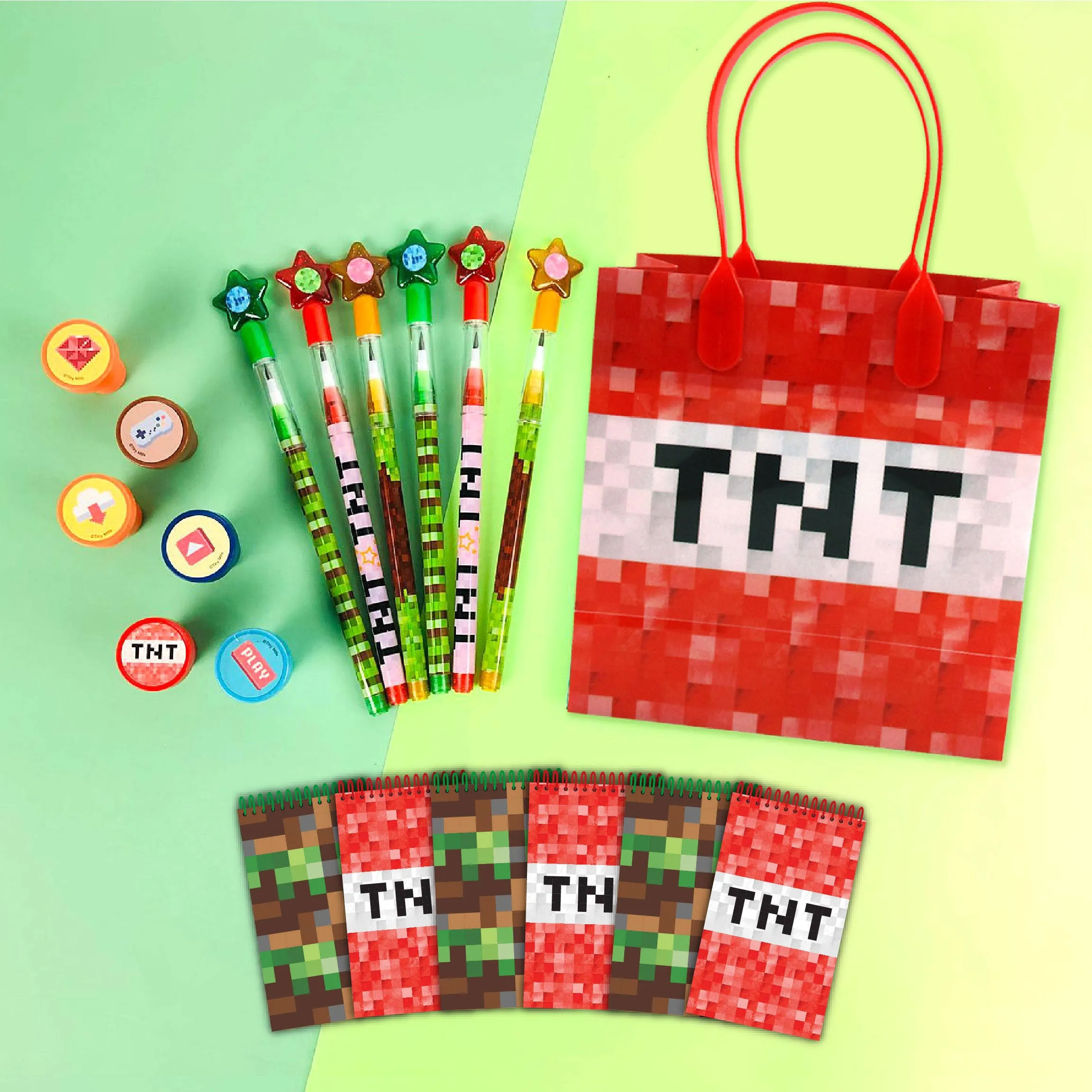 TINYMILLS Pixel Miner Party Favor Set of 60 Pcs (12 Party Favor Treat Goody Bags with Handles, 24 Self-Ink Stamps for Kids, 12 multi-point pencils, 12 small spiral notepads)