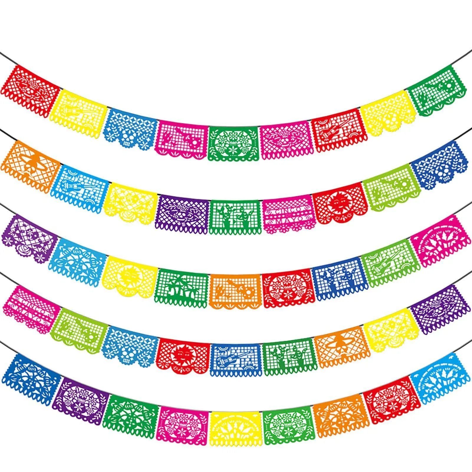 Mexican Party Banners - 5 Pack Fiesta Mexican Party Dia De Los Muertos Decorations Memorial Day Mexicano Fiesta Party Supplies Plastic Papel Picado Banners - 5 Different Designs, 90 Feet Long Totally