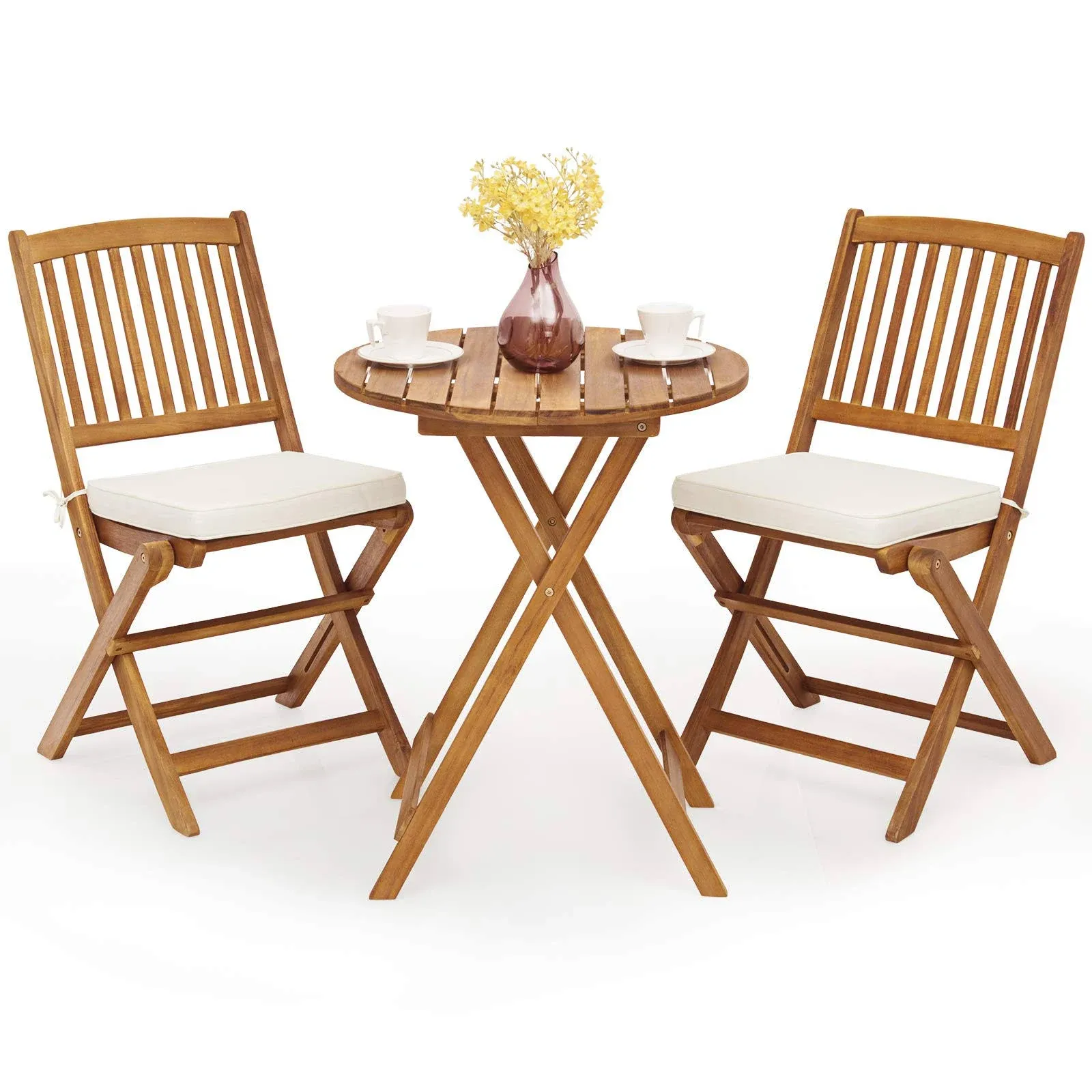 Giantex 3pcs Patio Bistro Set, Wood Folding Table Set, 2 Cushioned Chairs for Garden Yard, Beige