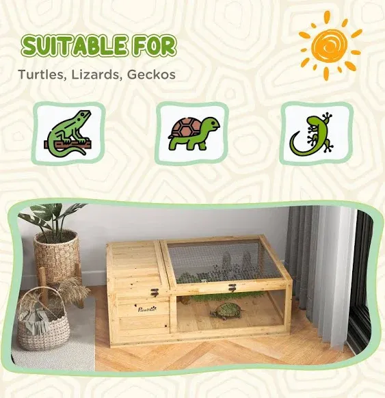 PawHut Wooden Tortoise House Indoor Turtle Habitat Enclosure Outdoor Reptile Cage for Lizards, Geckos, Yellow