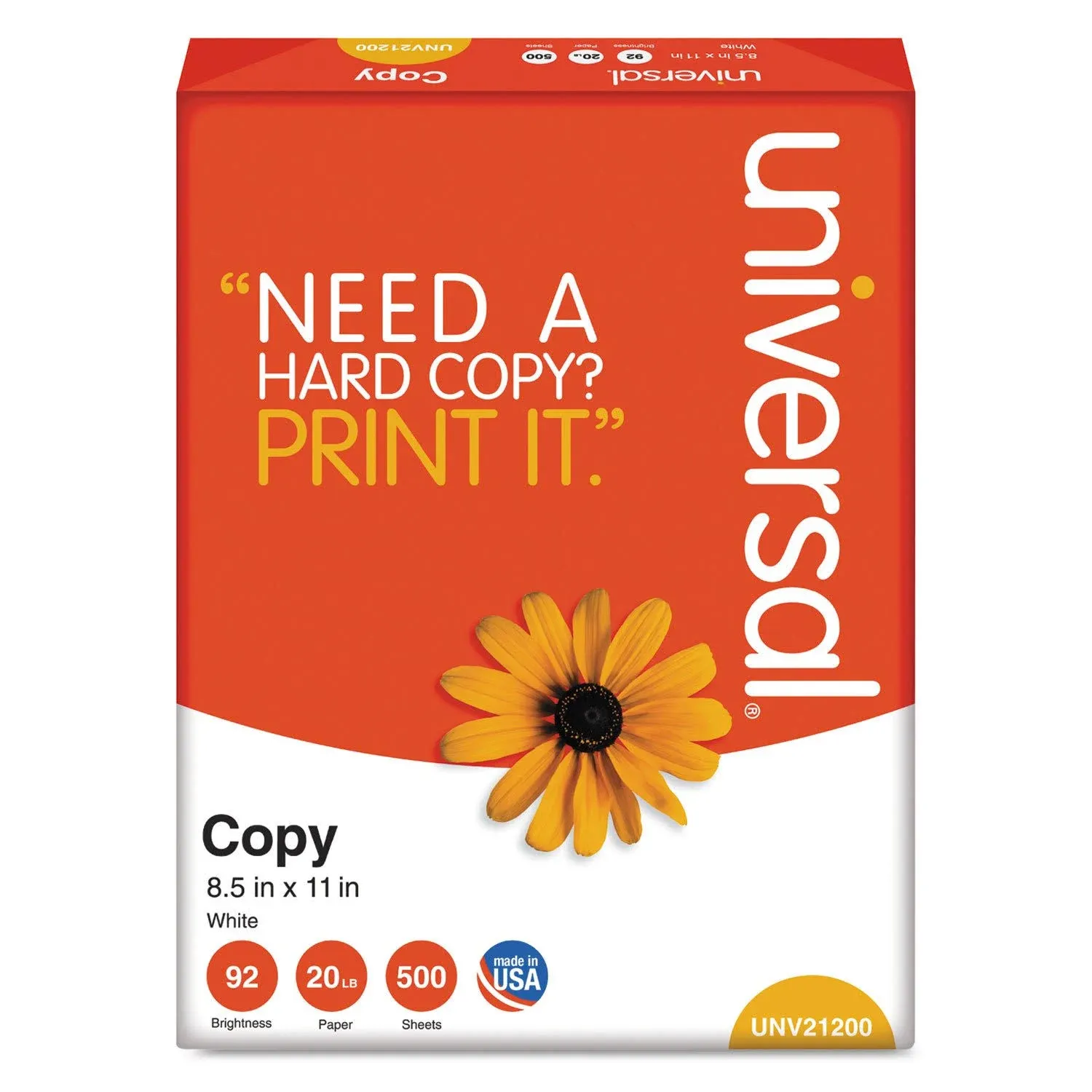 Universal Copy Paper, 92 Bright, 20lb, 8.5 x 11, White, 500 Sheets/Ream, 10 Reams/Carton