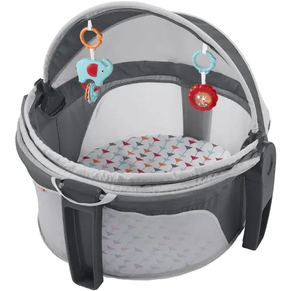 Fisher-Price Portable Bassinet And Play Space On-The-Go Baby Dome With Developmental Toys And Canopy, Rosy Windmill, Grey/Pink