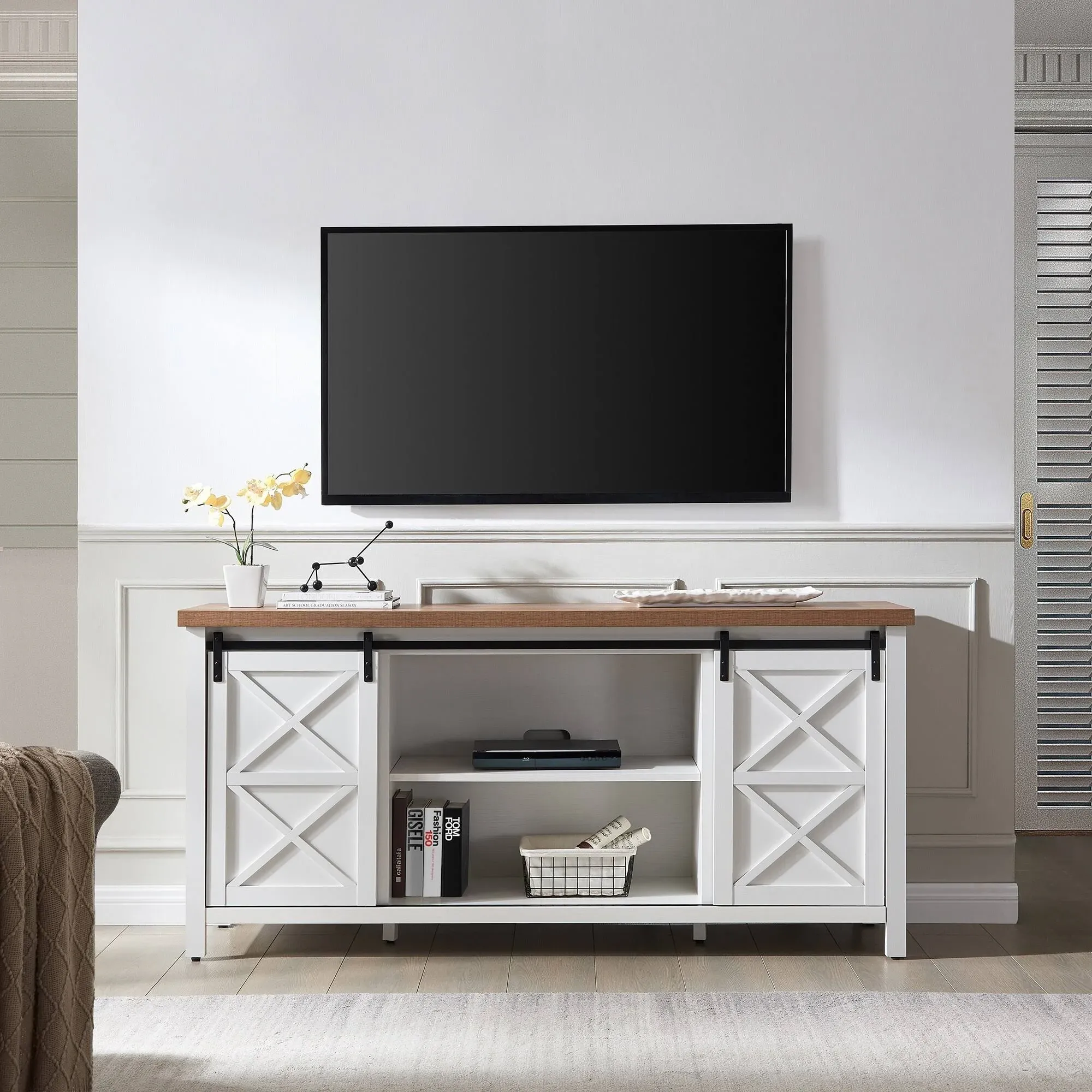 Elmwood Rectangular TV Stand for TV's up to 80" in Black Grain