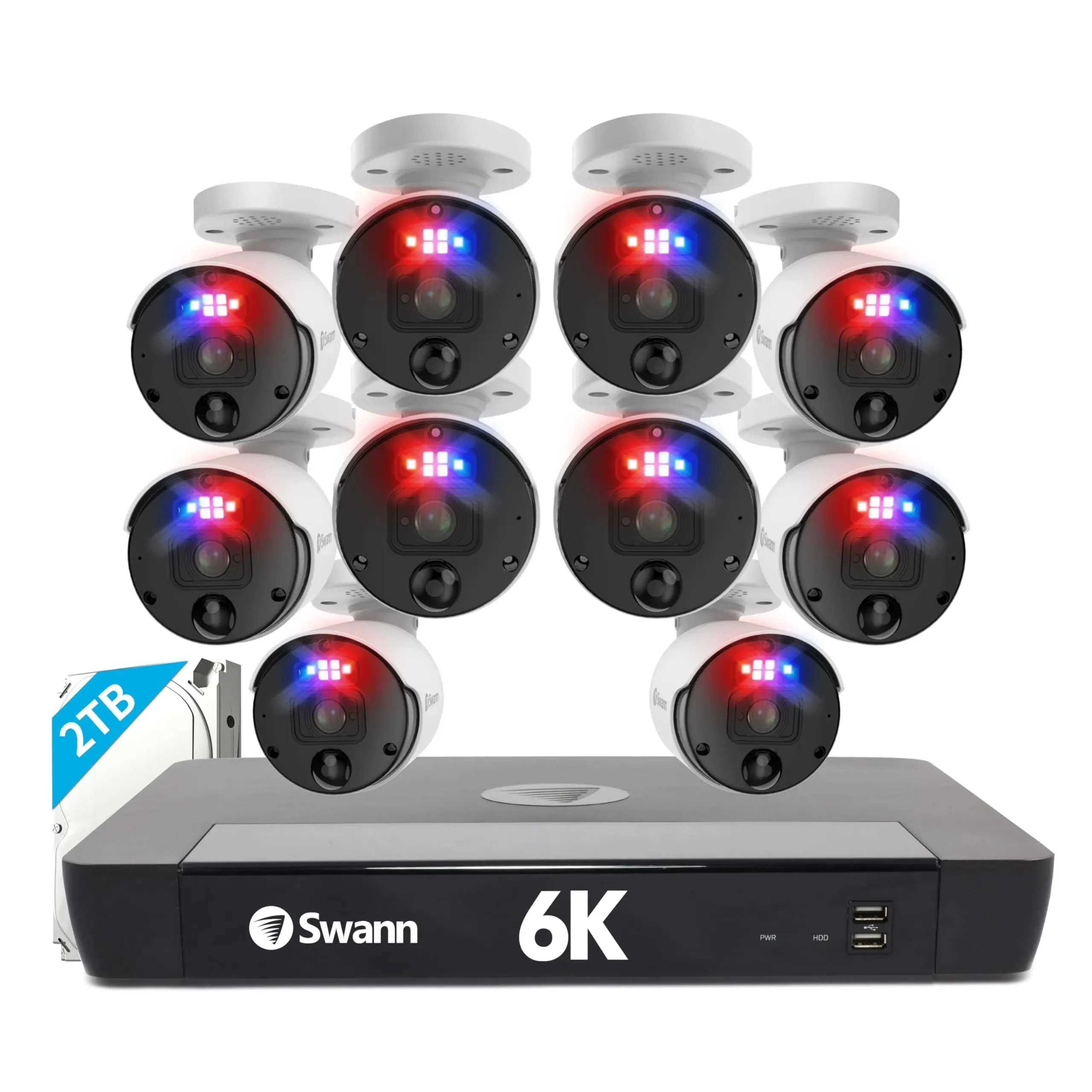 Swann 12MP Mega HD Security Camera System, 16Ch NVR with 4TB HDD, 10 Indoor Outdoor Bullet IP Cameras, 6K PoE Wired, Video Analytics, 2-Way Audio, Sirens, Color Night Vision, True Detect, 24/7, IP66