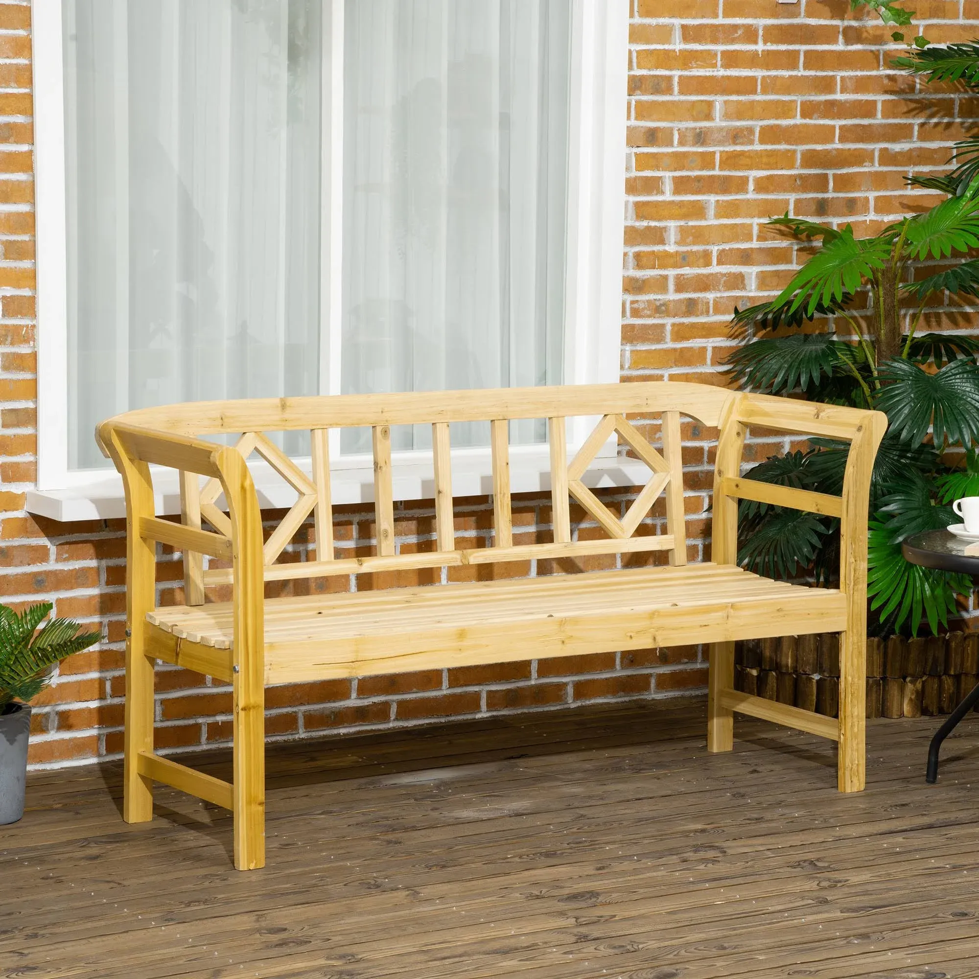 Outsunny Wooden Bench Outdoor Patio Bench, Backrest and Armrests