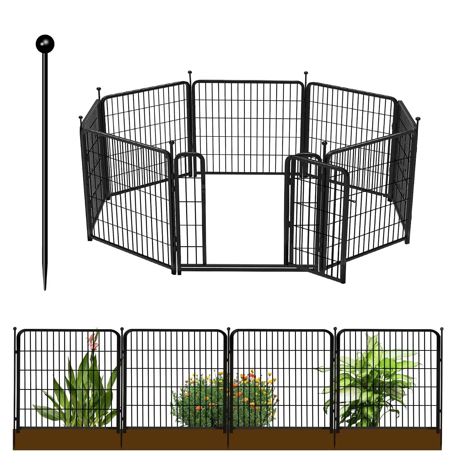 Getlay 24in(H) Decorative Garden Fence with Gate, 8 Panels Total 16ft(L) Heavy Duty Iron Animal Barrier Fence for Yard,Suitable for Indoor Pet Fence