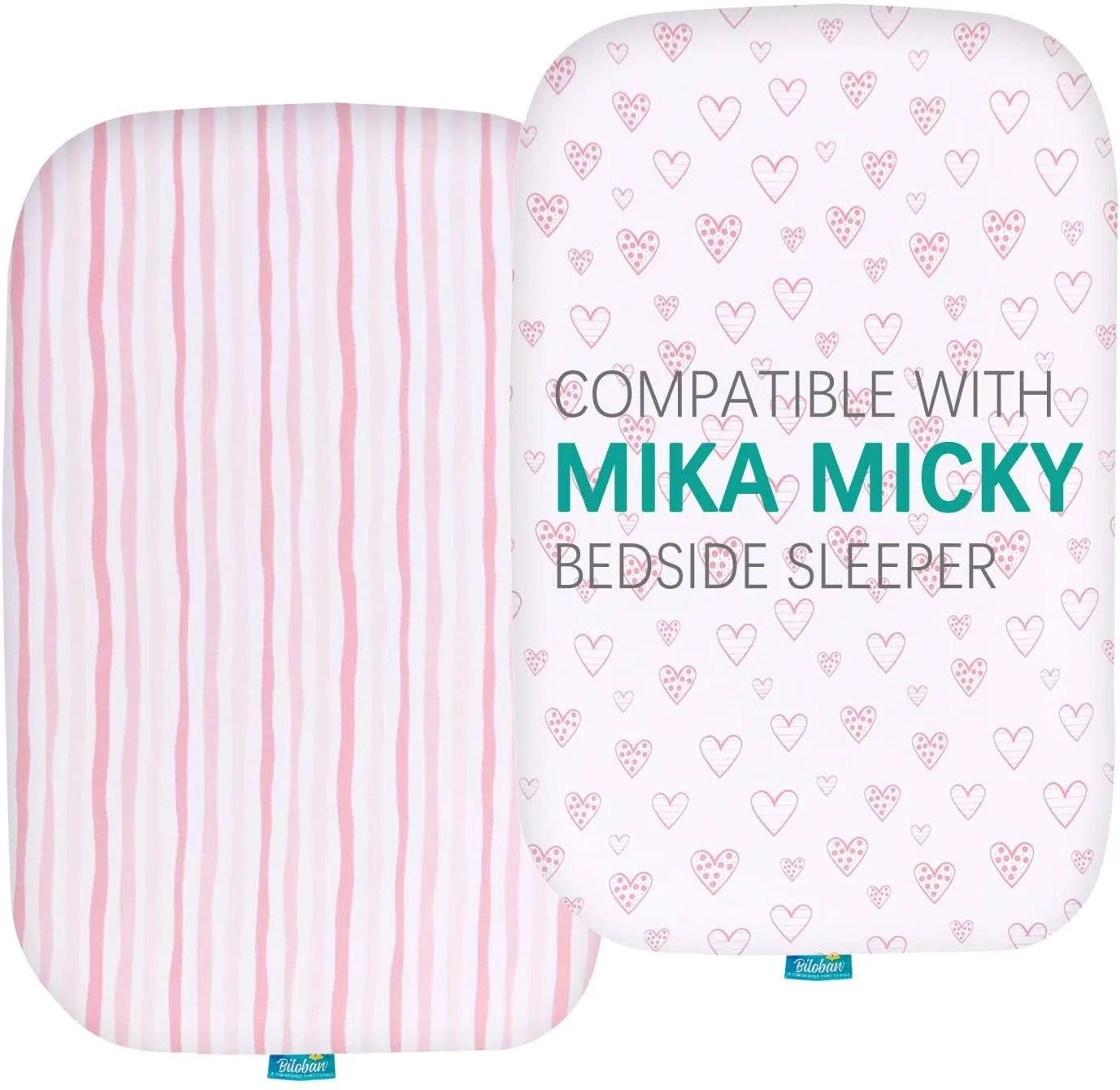 Bassinet Sheets Compatible with BIERUM Baby Bassinet Bedside Sleeper and Mika Micky Bedside Sleeper, (2 Pack), 100% Jersey Knit Cotton Fitted Sheets, Mild Pink Stripes and Hearts Print for Baby Girls