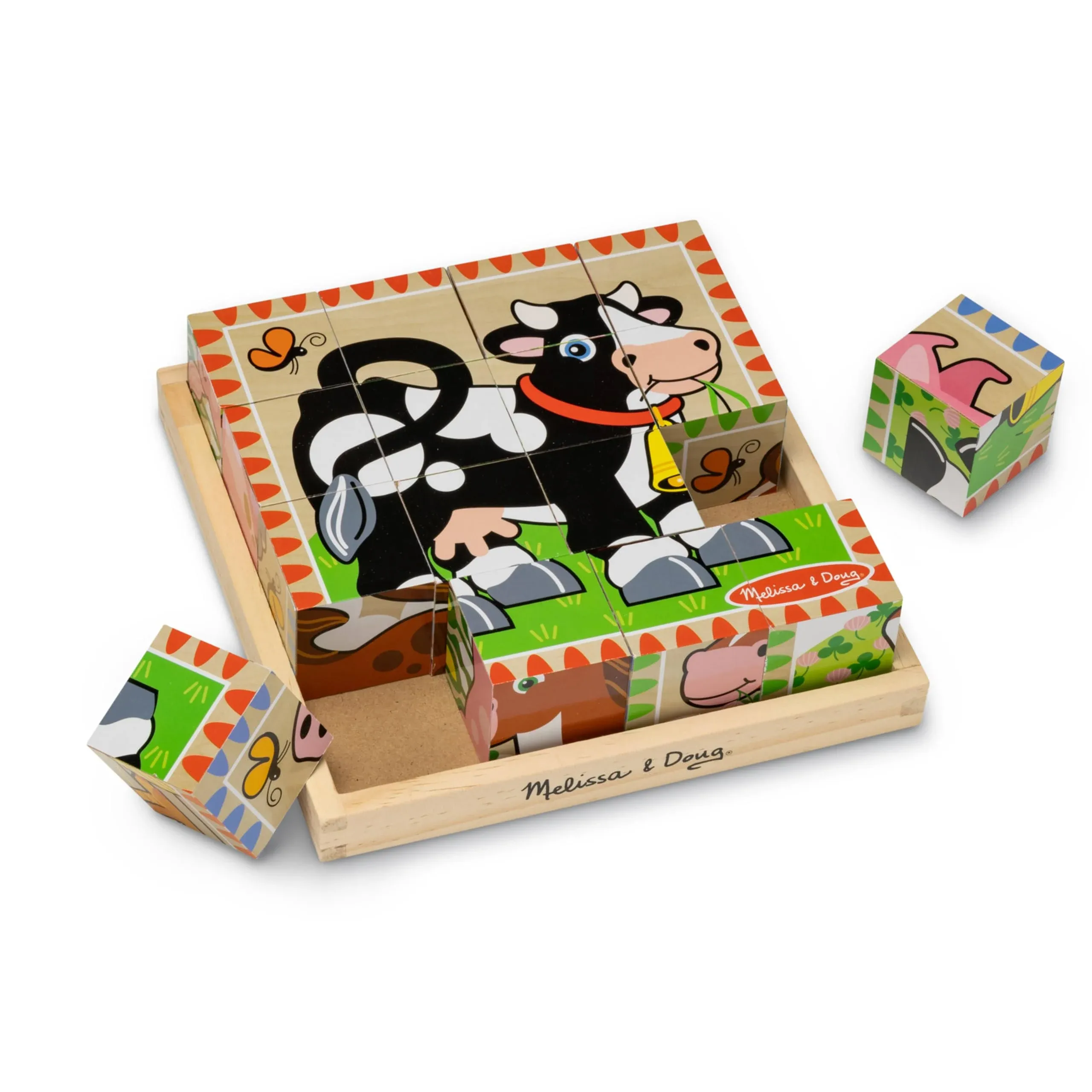 Melissa &amp; Doug Farm Wooden Cube Puzzle With Storage Tray - 6 Puzzles in 1 (16 pcs) - Toddler Animal Puzzle -FSC-Certified Materials, 8.25 x 8.2 x