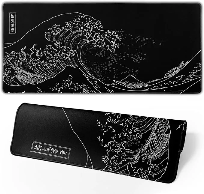 Japanese Gaming Mouse Pad Black Mouse Pad Kanagawa Large Mousepad Non-Slip Rubber Base Waterproof with Stitched Edges for Gaming Office Home, 31.5x11.8 Inch (Black Wave)