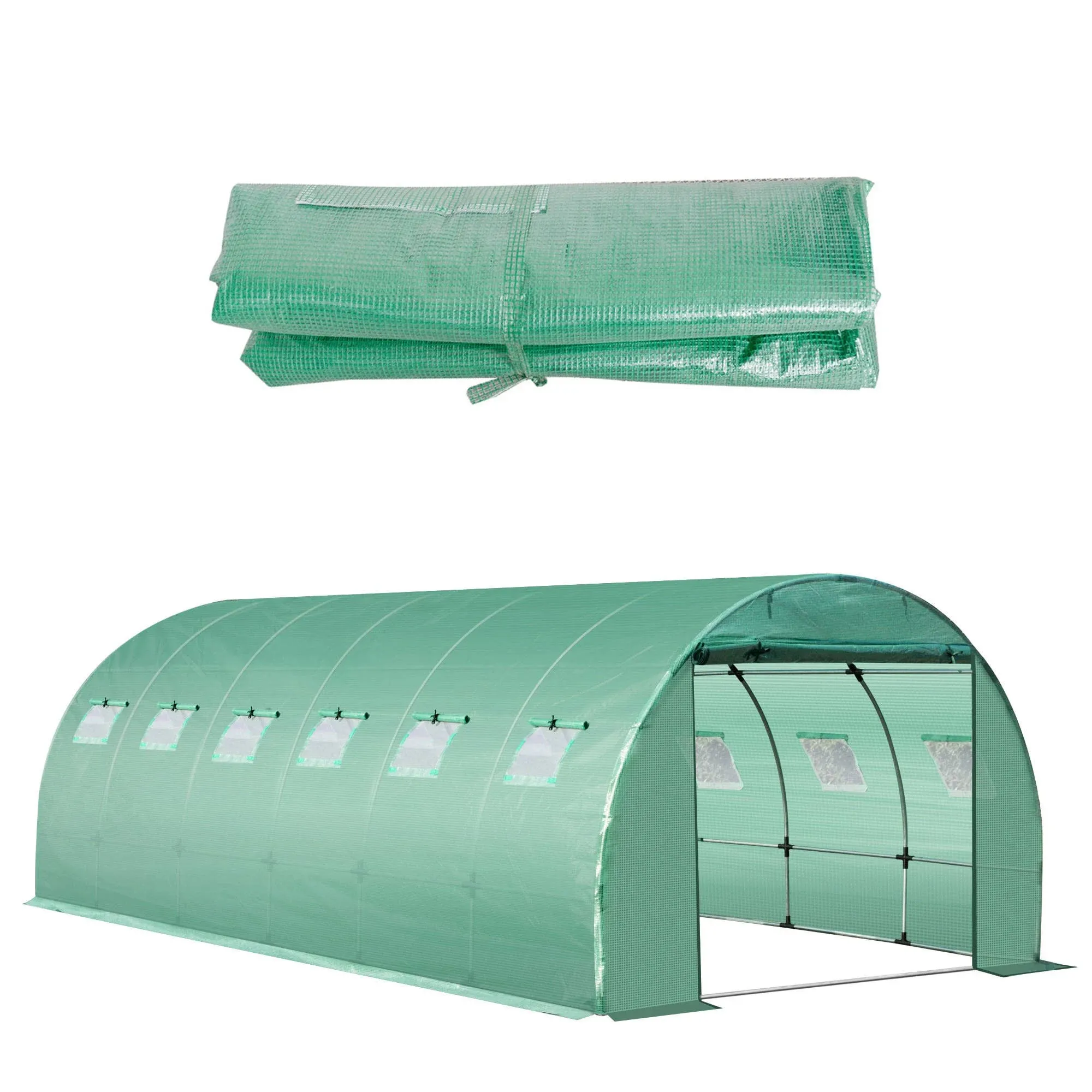 20&#39; x 10&#39; x 7&#39; Greenhouse Replacement Walk-in PE Hot House Cover with 12 Windows Roll-Up &amp; Zipper Door, Green