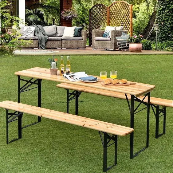 70'' 3 Pcs Folding Picnic Table Bench Set, Portable Beer Table with Seating Set, Wooden Top Outdoor Dining Table Set