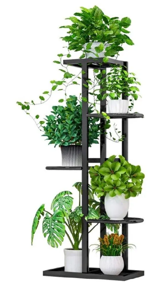 Tall Plant Stand for Indoor Plants, 5 Tier Metal Outdoor Corner Plant Shelf Holder Flower Pots Stands for Living Room Balcony Garden (Black)