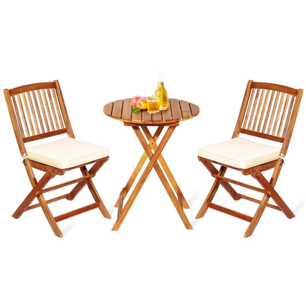 Giantex 3Pcs Patio Bistro Set, Wood Folding Table Set, 2 Cushioned Chairs for Ga