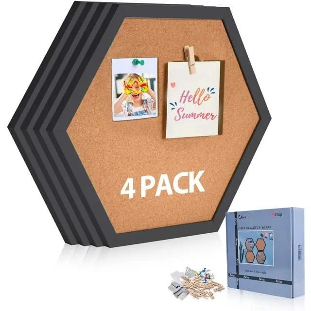 AKTOP Cork Bulletin Board Hexagon 4 Pack, Small Framed Corkboard Tiles for Wall, Thick Decorative Display Boards for Home Office Decor, School